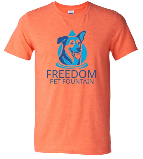 Orange t-shirt with blue dog graphic and 'Freedom Pet Fountain' text on a white background