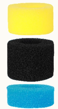 Three cylindrical foam filters in yellow, black, and blue on a #FDFBF6 background