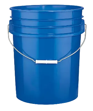 Blue plastic bucket with metal handles on a white background