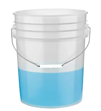 White bucket with blue bottom on a white background
