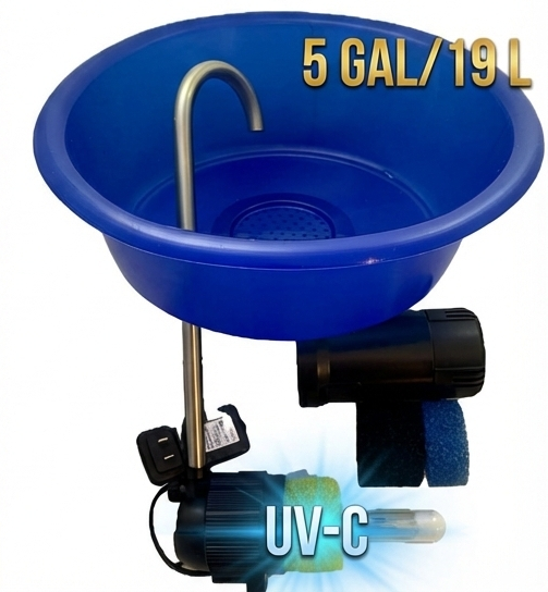Blue water bowl with UV-C light and 5 gal/19 L capacity on a white background